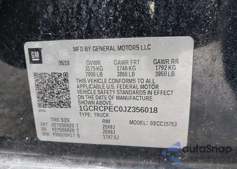 2018 Chevrolet Silverado 1500 Custom z USA, uszkodzony, nr VIN 1GCRCPEC0JZ356018